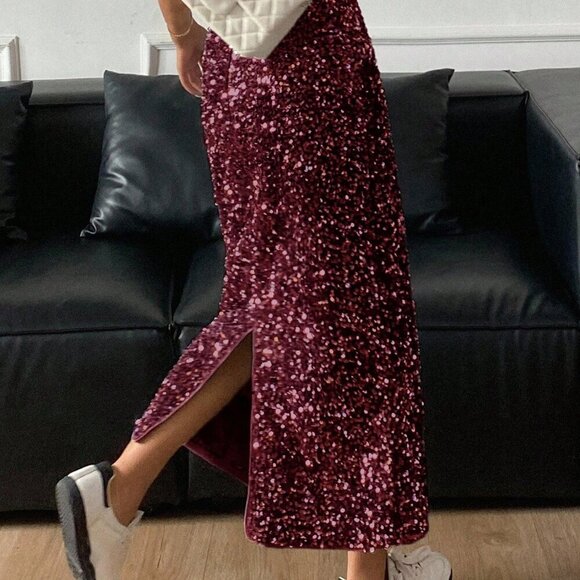 Burgundy Party Women's Sequin Embellished Elegant Side Slit Skirt - Picture 2 of 5
